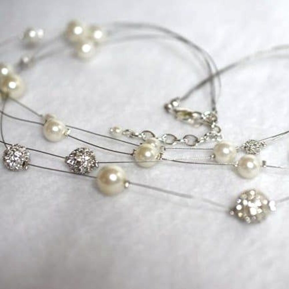 Floating Rhinestone/Faux Pearl 4 Strand Beaded Silver Tone Wire 16" Necklace